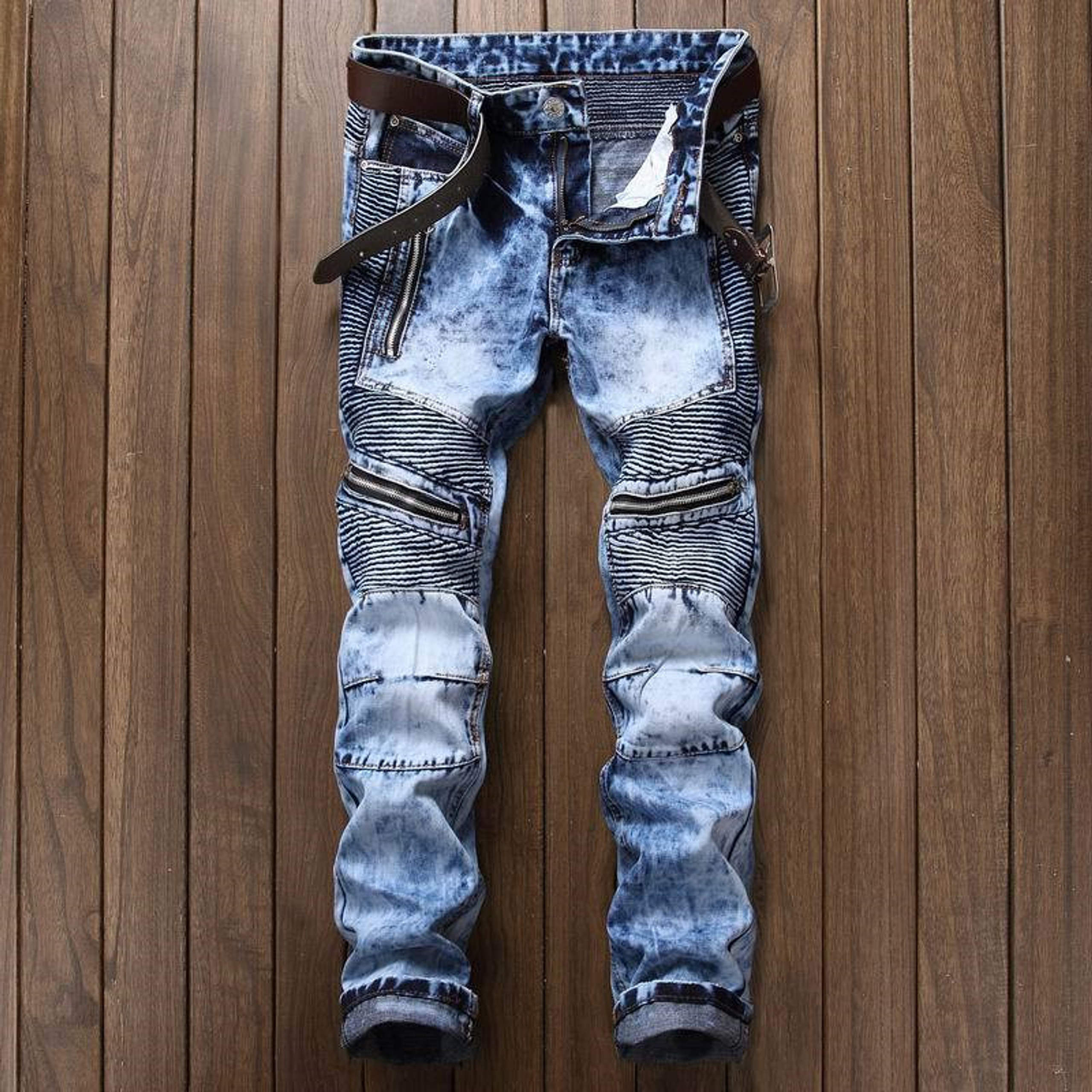 Newsosoo Men's Pleated Biker Jeans Pants Slim Fit Brand Designer ...