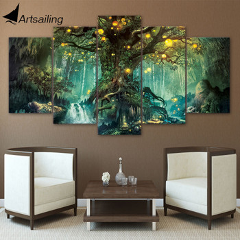 ArtSailing HD Printed 5 Piece Canvas Art Enchanted Tree Scenery Painting Wall Pictures for Living Room Home Decor NY-7632B