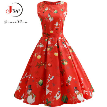 Vintage Dresses Women Casual Elegant Office Work Red Christmas Dress Retro Hepburn O-neck Sleeveless Swing Party Dress Plus Size