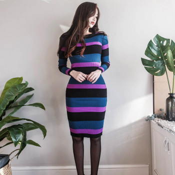 2018 Winter Sheath Striped Sweater Dress Women Stretchy Full Sleeve O-neck Knit Slim Dress Casual Bodycon Party Dresses Knitted