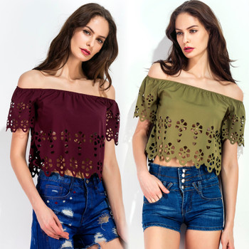 2018 Summer Women Crop Tops Solid Elegant Women Short Blouses Slash Neck Off Shoulder Hollow Out Sexy Women Blouse Shirt