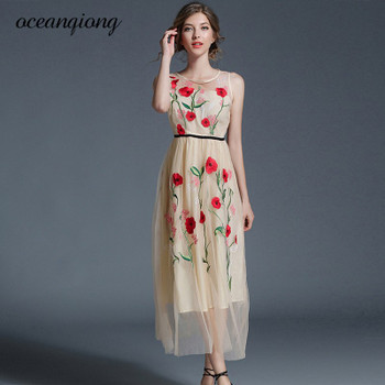 2018 Long Summer Dresses Newest Fashion Mesh Maxi Dresses Women Elegant Sleeveless O Neck Flower Floral Embroidery Vintage Dress