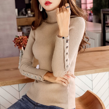 Women Knitted Sweaters Button Turtleneck Pullovers 2018 Autumn Long Sleeve Slim Elastic Ladies Casual Solid Female Top Sweaters