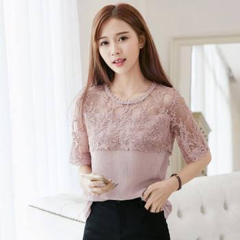 2018 Summer Chiffon Blouse Women Lace Shirt Sexy Half Sleeve Womens Tops Casual Elegant Female Blouses feminina Blusa 676F 30