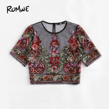 ROMWE Flower Embroidery Mesh Blouse Vintage Sexy Crop Top 2017 Women Semi Sheer Boho Tops Black Short Sleeve Thin Tunic Blouse