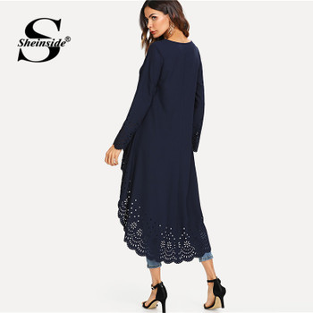 Sheinside Hollow Out High Low Casual Top Women Navy Asymmetrical Plain Long Sleeve Loose Office Ladies Elegant Autumn Blouse