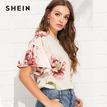 SHEIN Multicolor Vacation Bohemian Beach Floral Print Flounce Ruffle Sleeve Keyhole Back Floral Blouse Women Casual Shirt Top