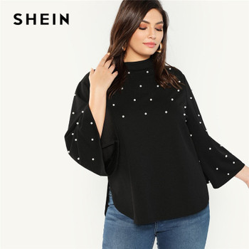 SHEIN Plus Size Black Stand Collar Pearl Beaded Long Flare Sleeve Stand Collar Women Casual Autumn Solid Top Blouses