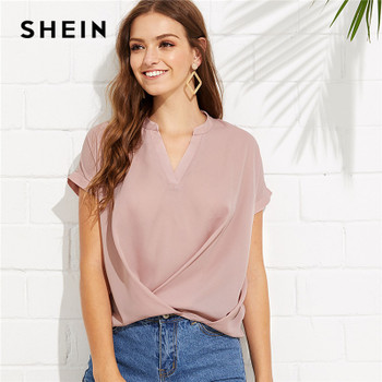 SHEIN Pink Elegant Workwear Draped V Neck Stand Collar Short Sleeve Solid Blouse Summer Women Weekend Casual Shirt Top