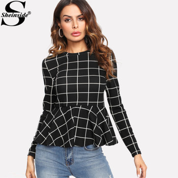 Sheinside Black Plaid Grid Peplum Ruffle Blouse Round Neck Long Sleeve Fall Top Women Elegant Office Ladies Work Wear Blouse