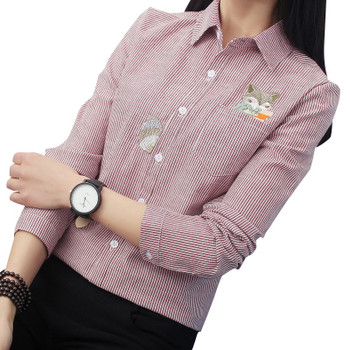 FEKEHA Fox Embroidery Long Sleeve Women Blouses And Shirts Red Grey Beige Female Ladies Casual Shirt Tops Stripe Blusas Blouse