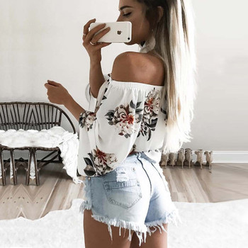 Sexy off Shoulder Flower Print Cotton Blouse Women Flare Sleeves Cropped Shirt Casual Rustic Summer Style Crop Top Boho Tee New
