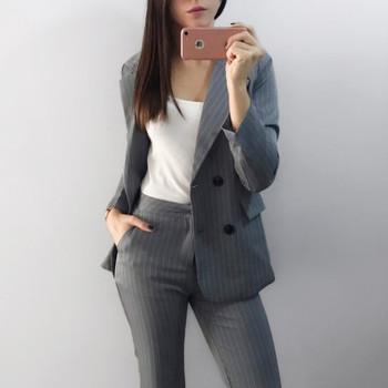 Work Fashion Pant Suits 2 Piece Set for Women Double Breasted Striped Blazer Jacket &amp; Trouser Office Lady Suit Feminino 2018