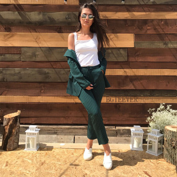 Work Pant Suits OL 2 Piece Sets Double Breasted Striped Blazer Jacket &amp; Zipper Trousers Suit For Women Outfits Feminino Spring 