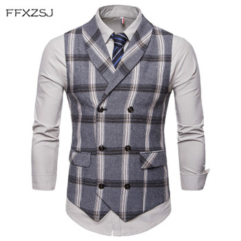 FFXZSJ New Classic Plaid Suit Vest Men Slim Fit Double Breasted Vest Waistcoat Mens Business Wedding Tuxedo Vest Gilet Homme
