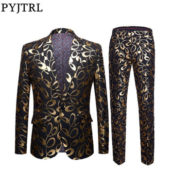 PYJTRL Brand New Tide Male Plus Size 5XL Gold Floral Pattern Slim Fit Mens Suits With Pants Wedding Groom Tuxedo Singer Costume