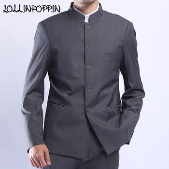 Men Gray Tunic Suit Jacket Mandarin Collar Single Breasted Chinese Traditional Stand Collar Grey Tunic Jacket Uniform Jacket