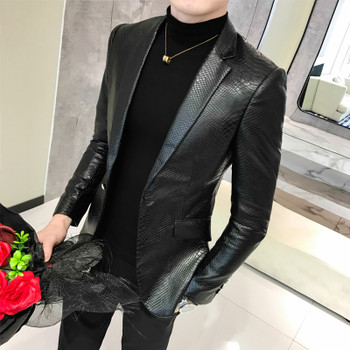 One Button PU Blazer Men Slim Fit Blazer Masculino Black Mens Blazer Para Hombre Vintage Prom Blazers For Men