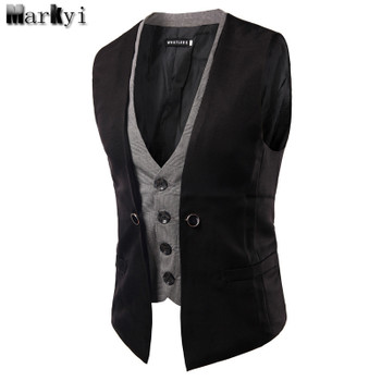 MarKyi 2017 fashion fake two pieces mens double breasted waistcoat good quality slim fit mens suit vest size m-2xl 