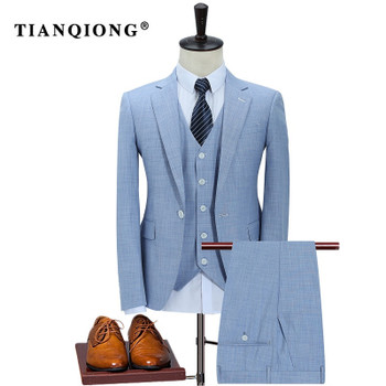 TIAN QIONG 100% Polyester Sky Blue Suit Men Slim Fit Leisure Business Wedding Dress Suits for Men Terno Masculino Tuxedo 3 Pcs