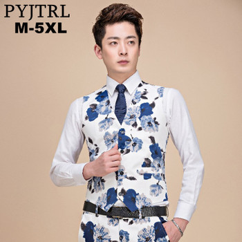 PYJTRL 2018 Plus Size 5XL Men Dress Suit Vest Formal Floral Print Gilet Slim Fit Business Sleeveless Jacket Tops Homme Waistcoat