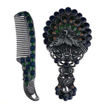 1 set Exquisite Retro peacock design makeup mirror maquillaje espejo Metal Portable mirror comb set Vintage Cosmetic mirror