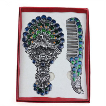 1 set Exquisite Retro peacock design makeup mirror maquillaje espejo Metal Portable mirror comb set Vintage Cosmetic mirror
