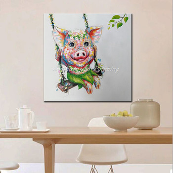Mintura Original Hand Painted Piggy Oil Painting on Canvas Modern Abstract Pop Art Animal Wall Art Pictures For Kid's Room Decor