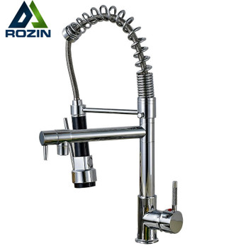 Chrome Spring Pull Down Kitchen Faucet Dual Spouts 360 Swivel Handheld Shower Kitchen Mixer Crane Hot  Cold 2 Outlet Spring Taps