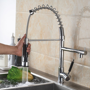 Chrome Spring Pull Down Kitchen Faucet Dual Spouts 360 Swivel Handheld Shower Kitchen Mixer Crane Hot  Cold 2 Outlet Spring Taps
