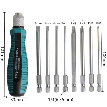9 Pcs 1/4" 6.35mm Slotted Screwdrivers Phillips With Magnetic Self-locking Metric Hand Tool Set