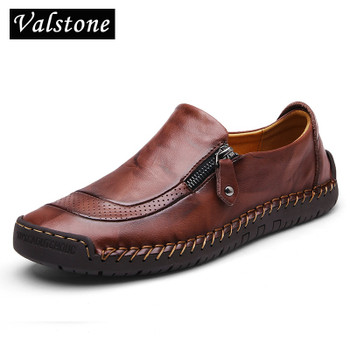 Valstone Men's Leather casual Shoes handmade Loafers vintage moccasin slip on Rubber flats Anti-skid Zip opening Plus size 38-48