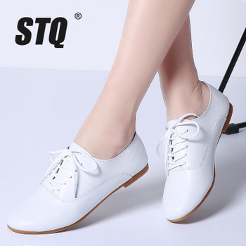 STQ 2018 Spring women oxford shoes ballerina flats shoes women genuine leather shoes moccasins lace up loafers white shoes 051