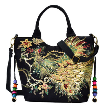 Vbiger Women Canvas Shoulder Bag Peacock Embroidery Handbag Stylish Tote Bags Casual Cross-body Bag With Decorative Pendants