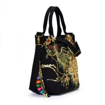 Vbiger Women Canvas Shoulder Bag Peacock Embroidery Handbag Stylish Tote Bags Casual Cross-body Bag With Decorative Pendants