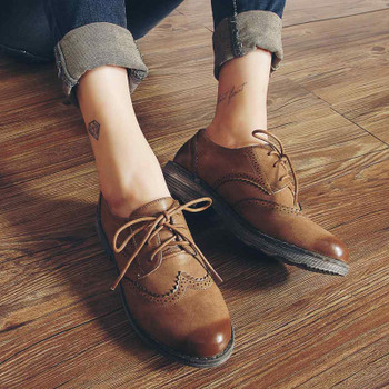 Teahoo Oxford Shoes for Women 2018 British Style Flats Brogues Leather Shoes Woman Handmade Lace up Oxfords Women Shoes