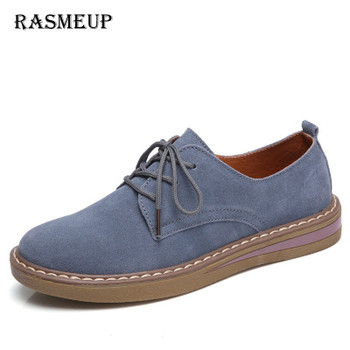 RASMEUP Genuine Suede Leather Women's Oxford Shoes 2018 Spring Women Lace Up Flat Sneakers Woman Boat Flats Moccasins Shoes