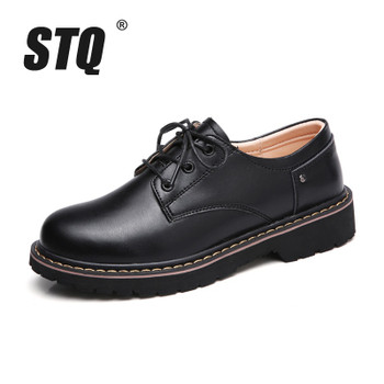 STQ 2018 Autumn women oxford shoes casual flats dress black work shoes women genuine Leather lace up boat shoes moccasins WF031