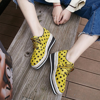 MLJUESE 2018 women flats horsehair  lace up Polka dot yellow  color autumn spring platform loafers casual shoes creeper shoes 