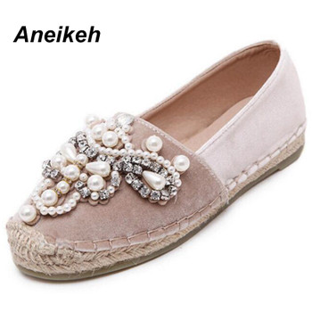 Aneikeh 2018 Spring Autumn Women Loafer Round Toe Espadrilles Pearl Comfortable Hemp Bottom Women Shoes Slip On Zapato Mujer