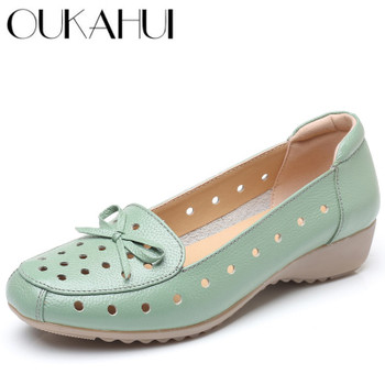 OUKAHUI Breathable Genuine Leather Summer Shoes Woman 2018 Flat Low Heel Bowknot Hollow Out Leather Slip On Shoes For Women Soft