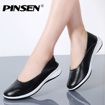 PINSEN Genuine Leather Sneakers Women Loafers Ballet Flats Shoes Creepers Female Flat Shoes Woman Slip On Loafers Boat Shoes