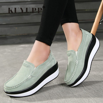 KUYUPP Platform Shoes Woman Flat Shoes Women Flats Slip On Leather Loafers Creepers Breathable Casual Shoes Plus Size 10 D1478