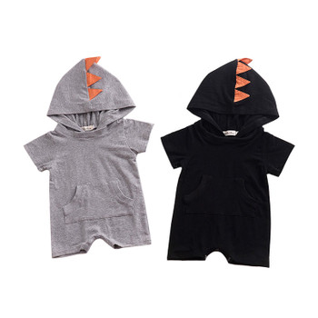 Fashion Cartoon Dinosaur Design Hooded Baby Rompers Cotton Short Sleeve Jumpsuits Infant Boys Girls Outerwear Costume