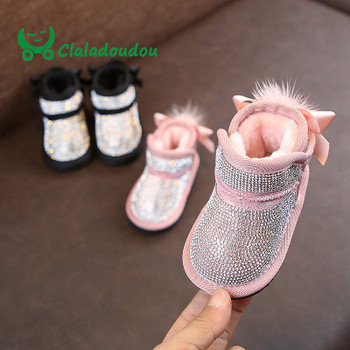 Foot 11-15CM Bling Bling Plush Kids Winter Boots For Girls Genuine leather Bowtie Crystal Stone Boots Kids Girls Children Boots