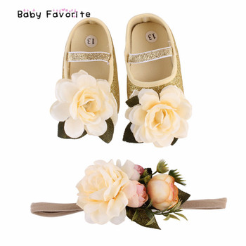 Flower Spring First Walk Baby Girl Shoes Moccasins Soft  Infant Fabric Baby Booties Headband Set Gold And Pink DIY Shoes-09