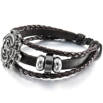 Men Women Alloy Genuine Leather Bracelet Bangle Brown Silver Tone Knight Fleur De Lis Surfer Wrap Trib