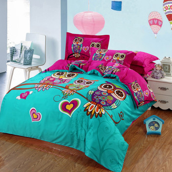 3/4/7pcs owl kids/children 3d bedding twin full queen king size 100% cotton duvet cover flat or fitted sheet pillowcases sets