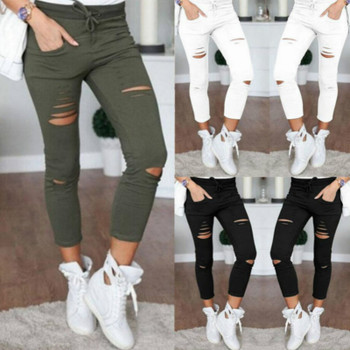 2020 Summer Skinny Jeans Women Denim Pants Holes Destroyed Knee Pencil Pants Casual Trousers Black White Stretch Ripped Jeans