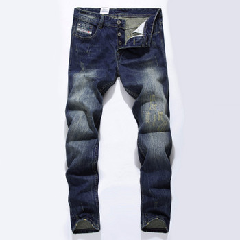 Famous Brand Fashion Designer Jeans Men Straight Dark Blue Color Printed Mens Jeans Ripped Jeans,100% Cotton